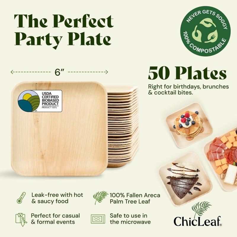 Chic Leaf أطباق شياك من أوراق النخيل القابلة للتحلل - 6" مربع، عبوة من 50 - أدوات مائدة قابلة للتخلص منها لطعام عيد الميلاد، أطباق مقبلات من الخيزران الريفي - لوحات تشاركوتيري وأدوات خدمة قابلة للتحلل - Image 2